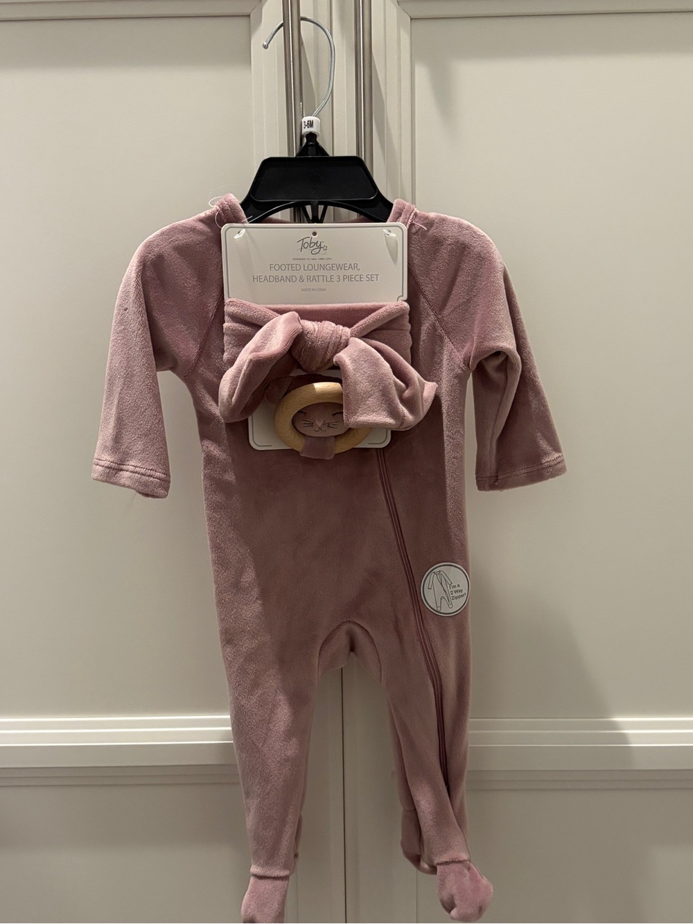 Toby Designed in NY City, Footed One-Piece with Headband & Rattle Dusty Rose